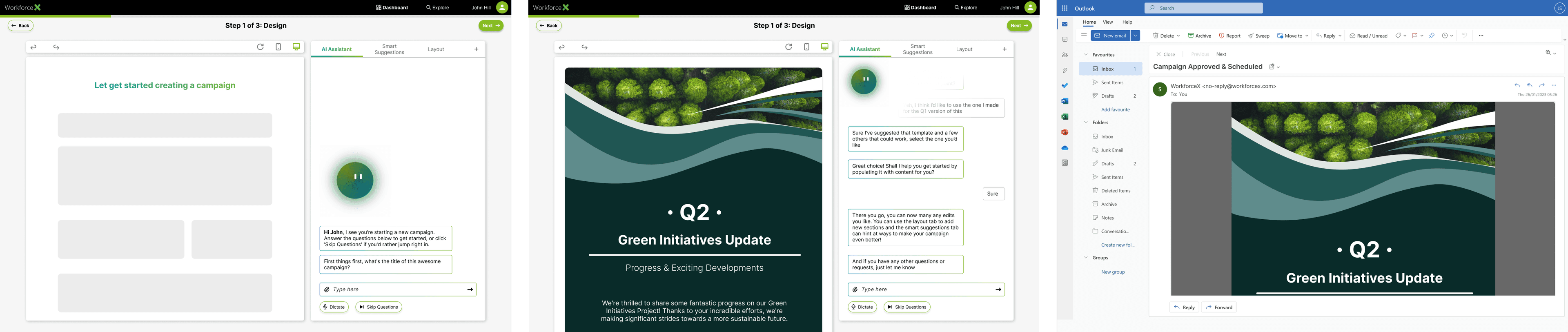 AI-assisted communication workflow showing a campaign design screen, AI assistant panel and generated email preview.