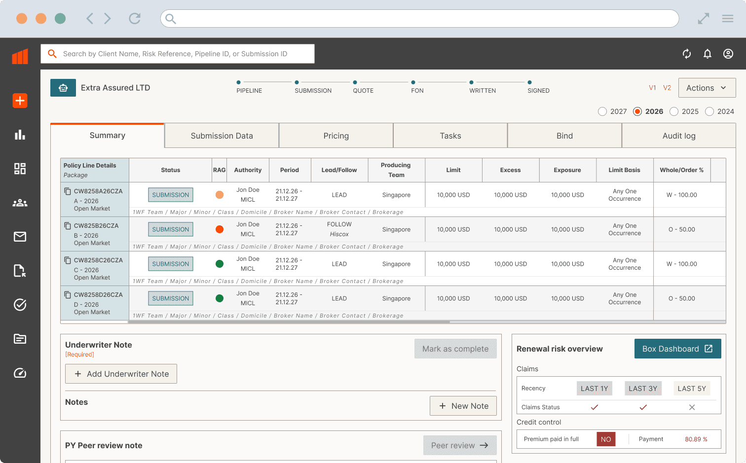 Preview of the policy page design for Markel's underwriting platform.