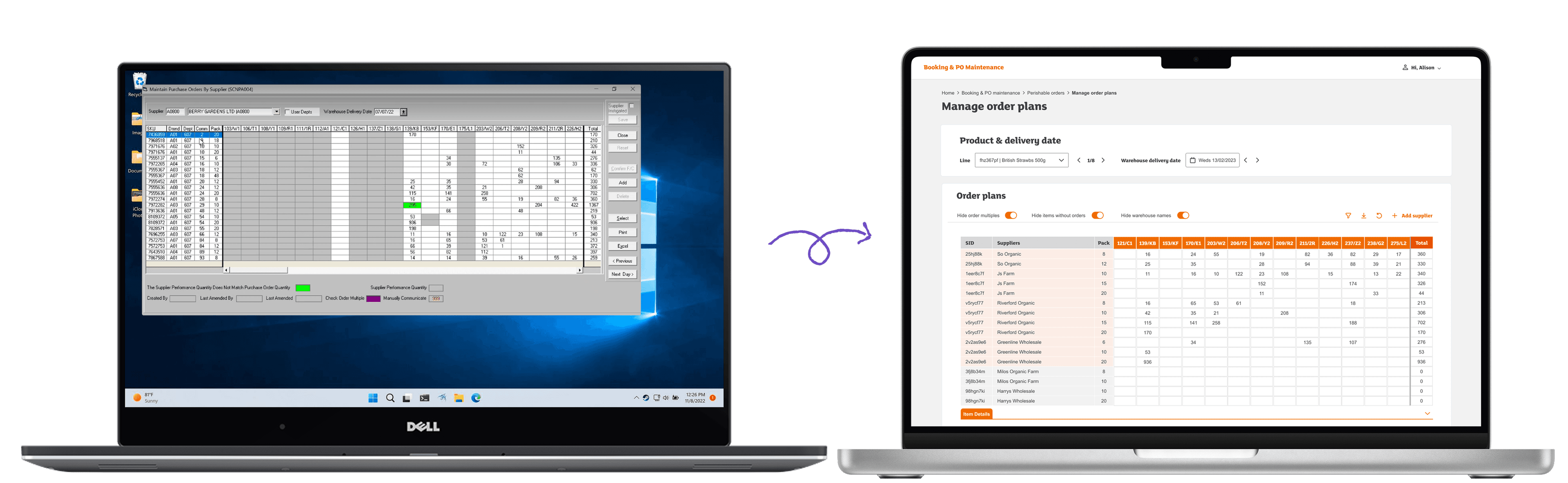 Before and after comparison of a legacy supply chain desktop system redesigned into a modern web interface.