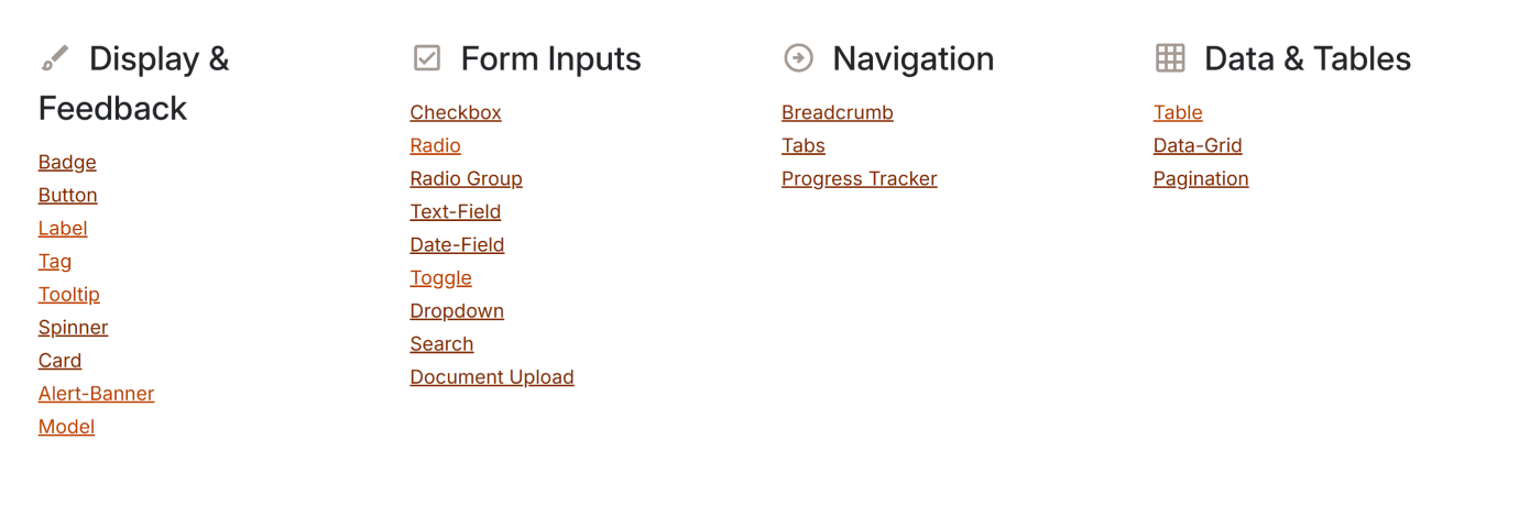 Design system component index grouped by display and feedback, form inputs, navigation, and data tables.