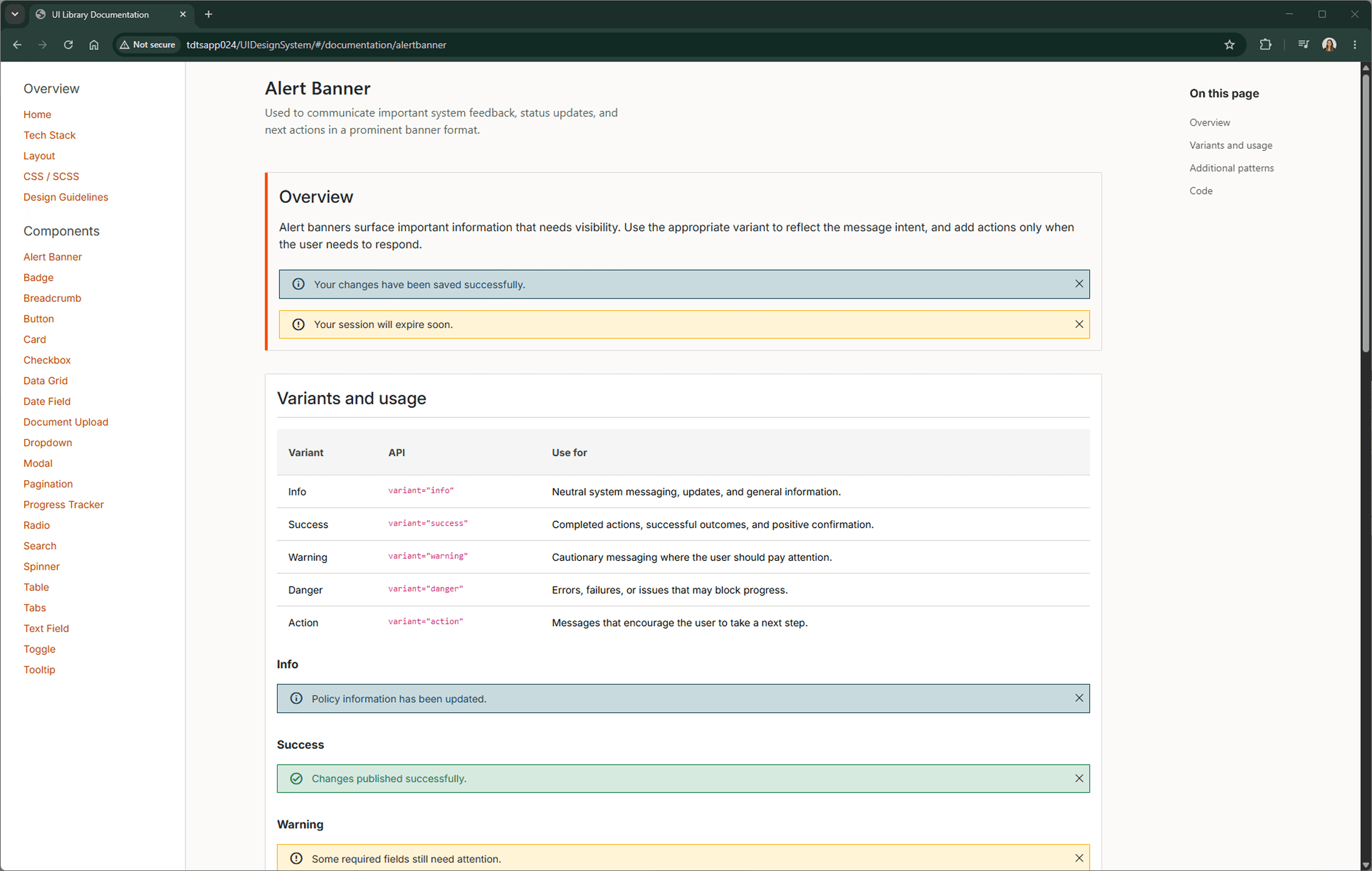Alert banner documentation with guidance, examples and code navigation.