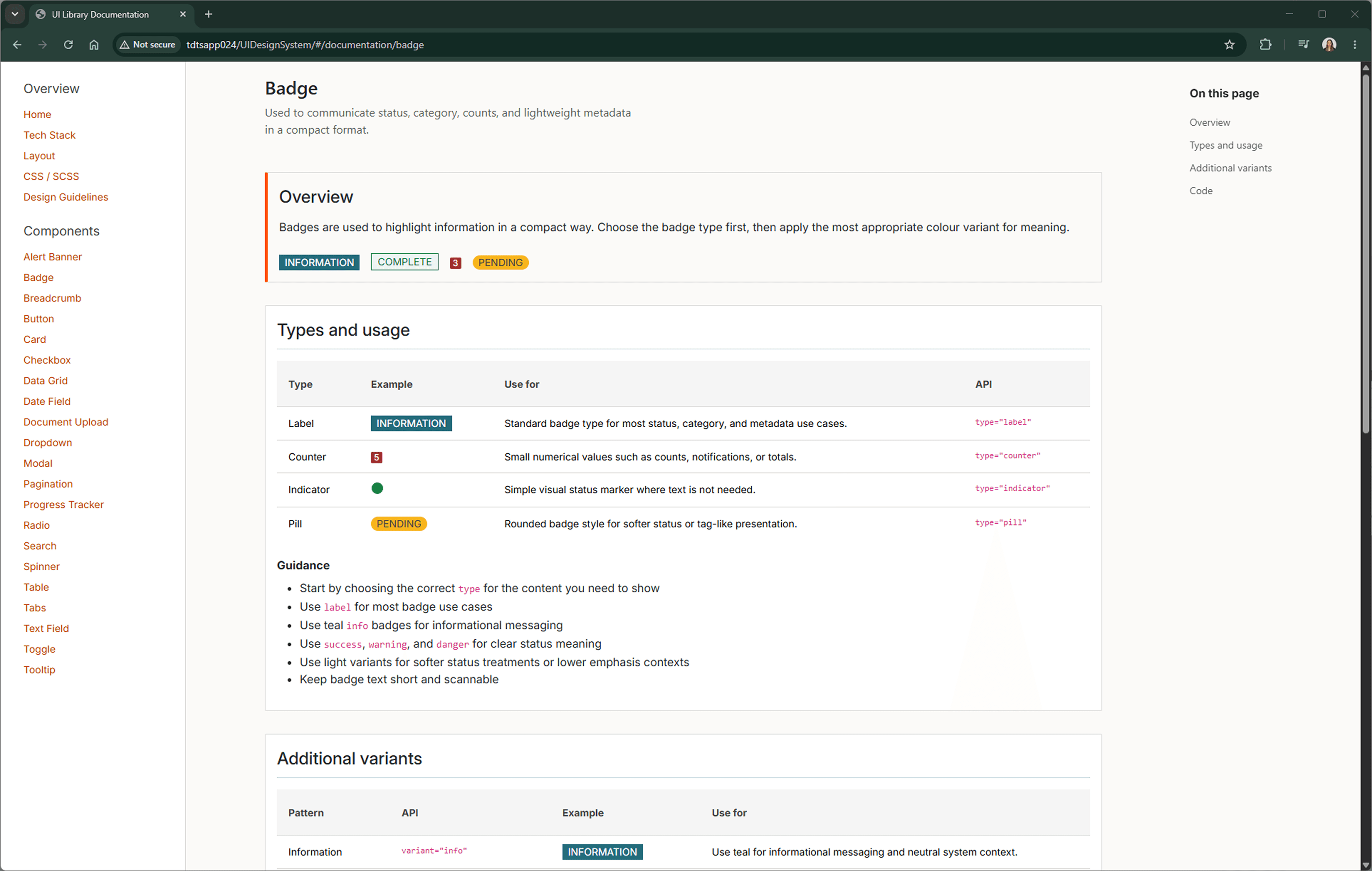 Badge component variants and usage guidance.