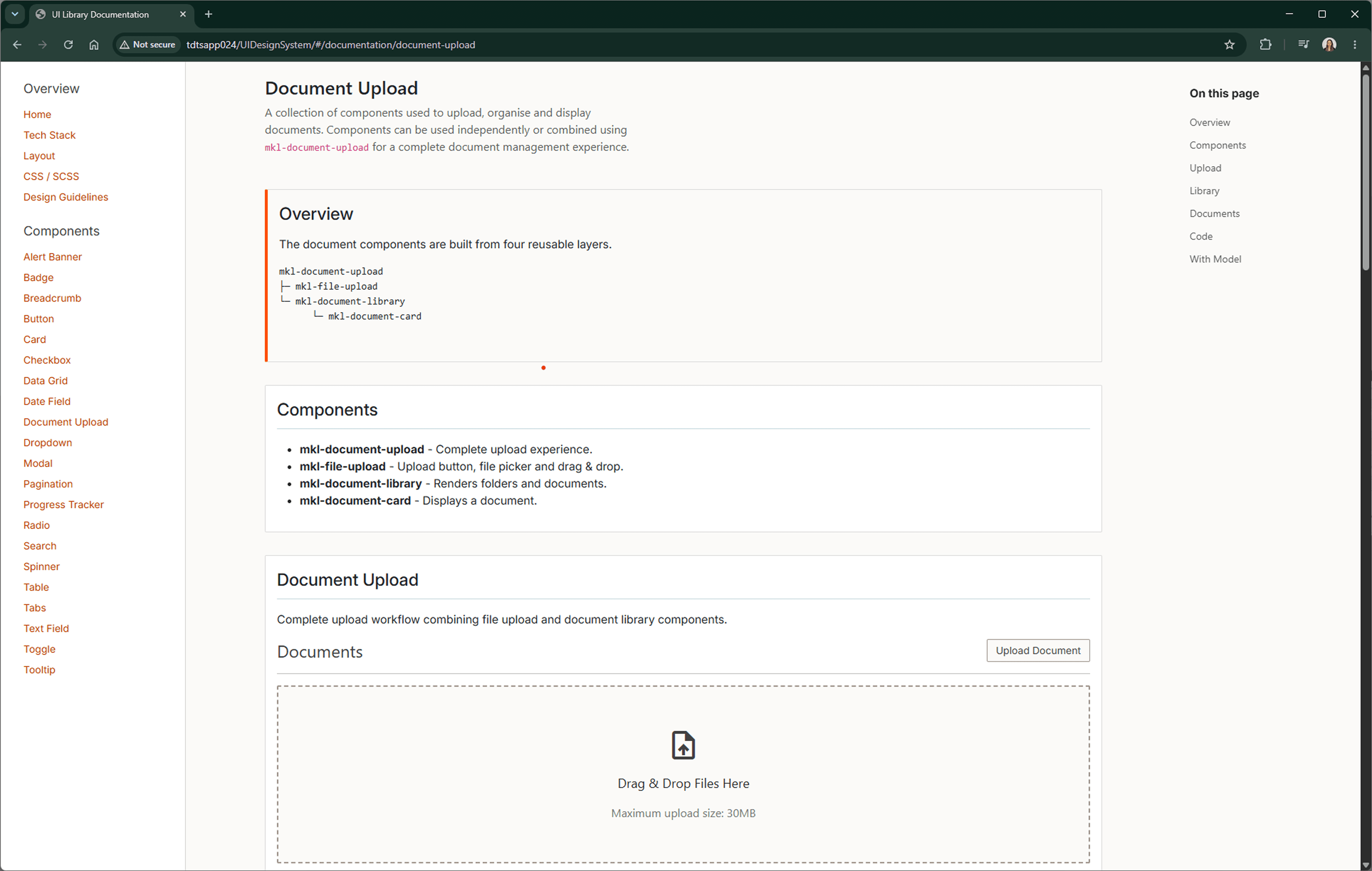 Document upload documentation with reusable layers and a drag-and-drop area.
