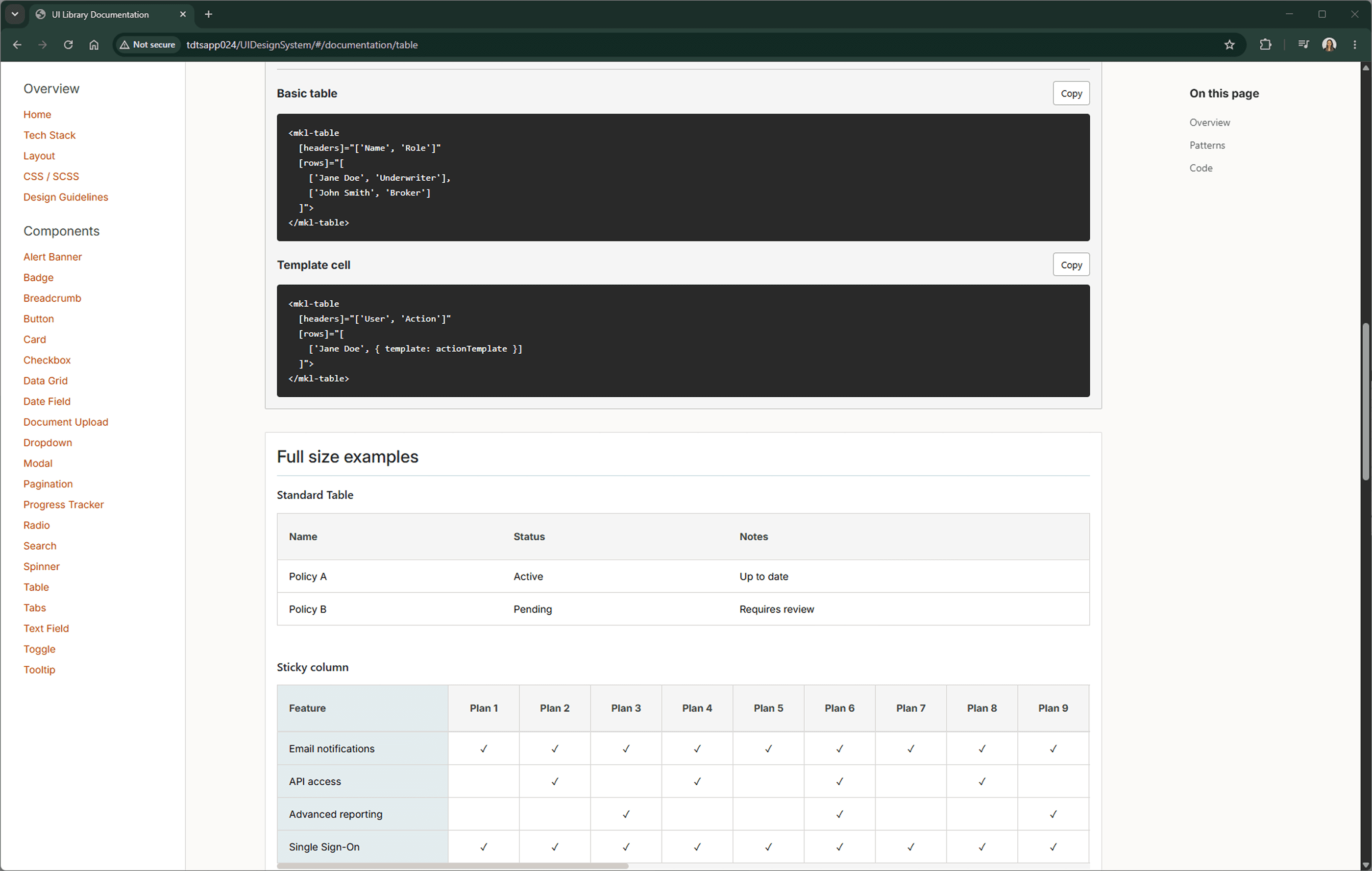 Table documentation with implementation snippets and full-size examples.