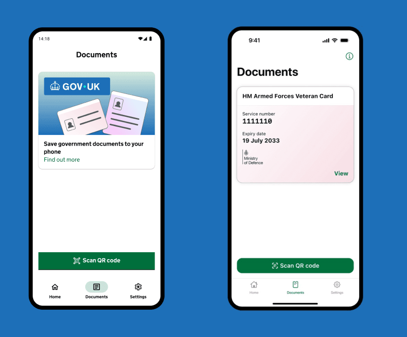 Mobile screen showing a digital document card for an HM Armed Forces Veteran Card.